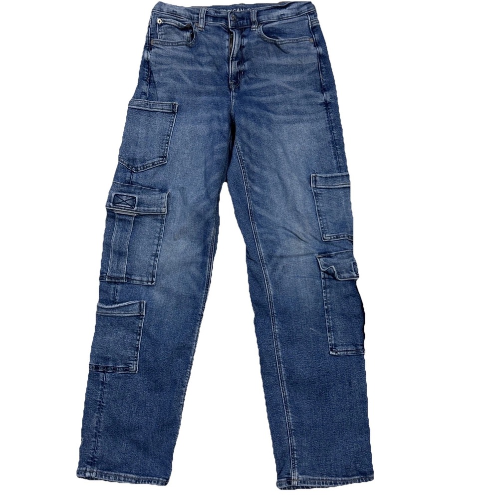 American Eagle High Rise‎ Baggy Straight Cargo Blue Jeans Utility Skater Size 6